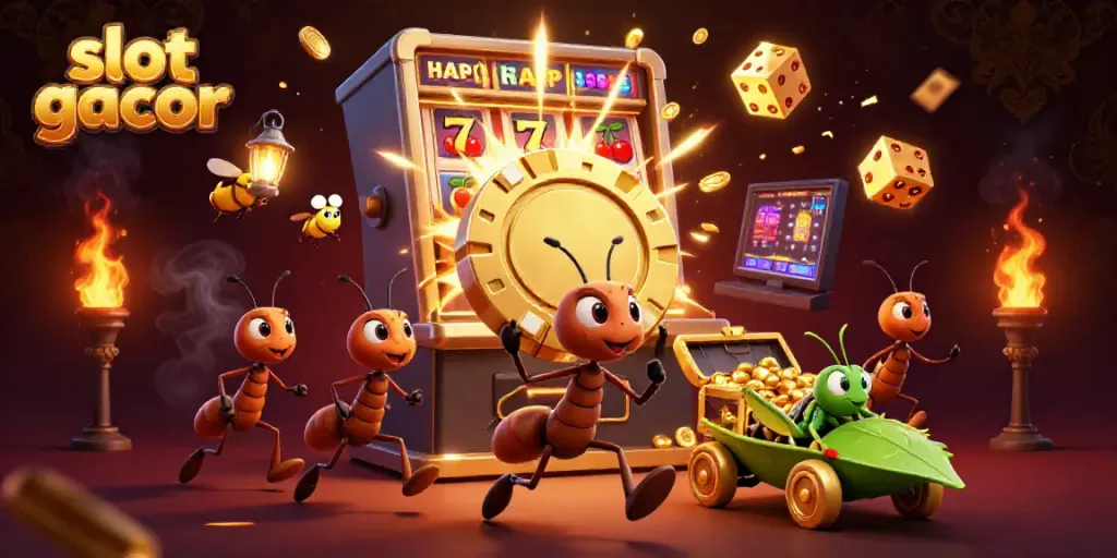 Experience exciting slot gacor action with ants and game elements in this dynamic 3D illustration.