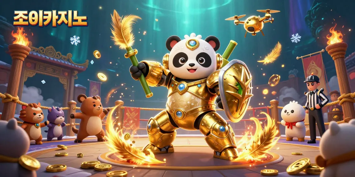 Engage with 조이카지노 through vibrant 3D illustration of a panda in a mech-suit at the casino arena.