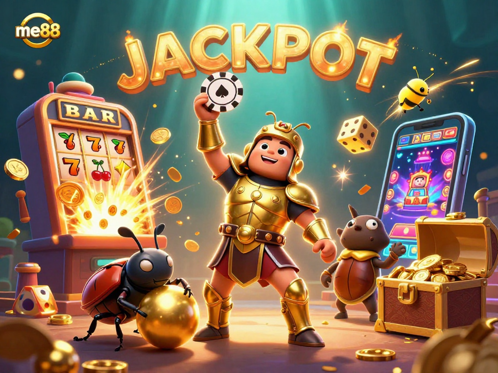 Play exciting games at me88 with a victorious gladiator beetle celebrating a jackpot!