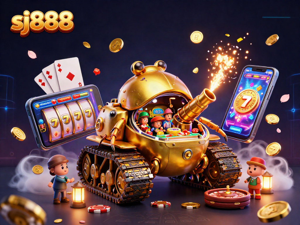 Experience thrilling wins with sj888 in this vibrant 3D casino illustration featuring slot games, confetti, and jackpots.