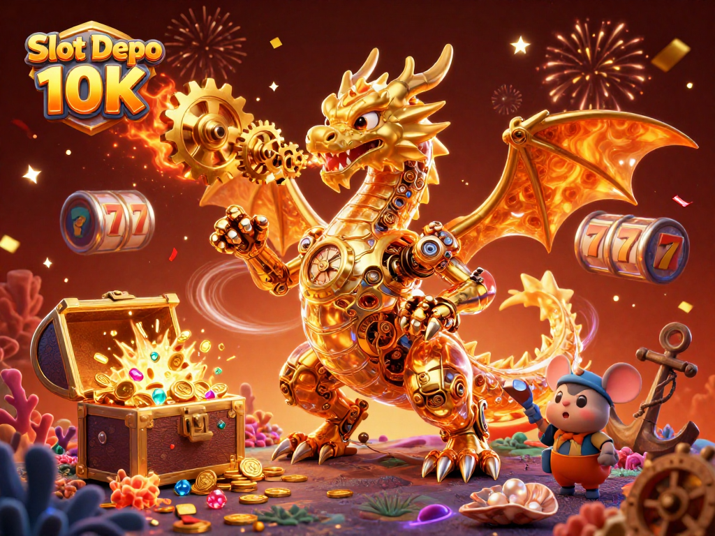 Experience the thrill of Slot Depo 10K with golden dragon and treasures in vibrant, action-packed 3D scene.