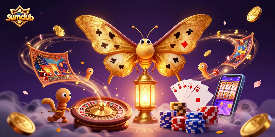 Win big with sumclub in this vibrant casino-themed fantasy scene featuring a 3D moth and gaming elements.