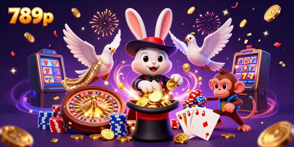 Join the excitement at 789p with a whimsical 3D scene featuring a magician, dove, and cheeky monkey celebrating casino wins!