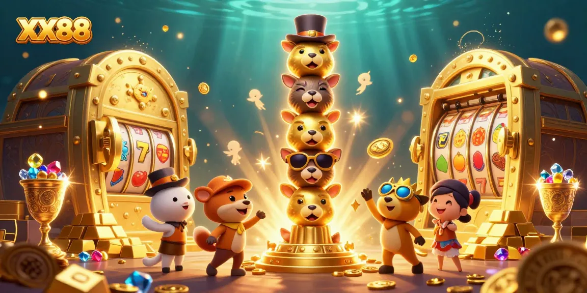 Spin the reels and win big with XX88's vibrant casino-themed illustration featuring golden treasures.