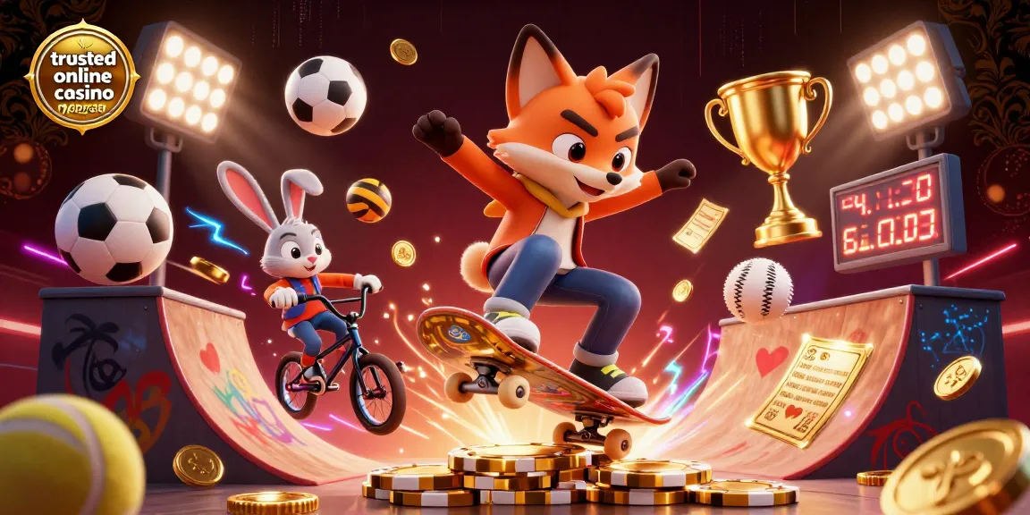 Experience thrilling gameplay at trusted online casino Malaysia with an energetic 3D illustration showcasing dynamic characters amidst casino symbols.