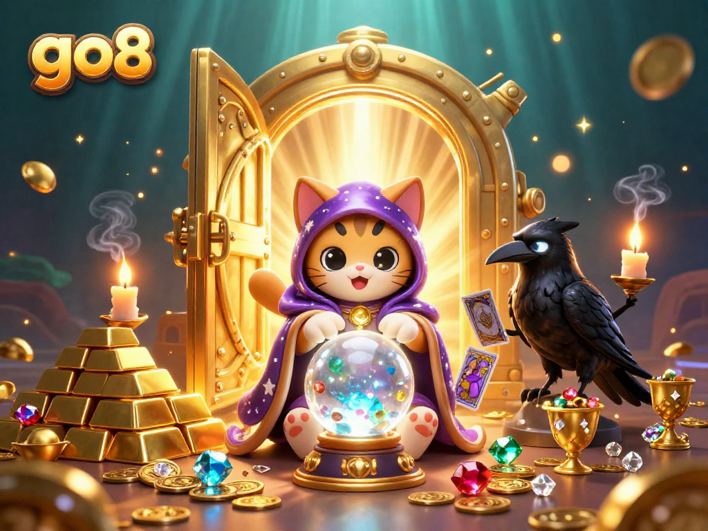 Spin and win at go8 with a mystical cat, tarot raven, and treasures galore