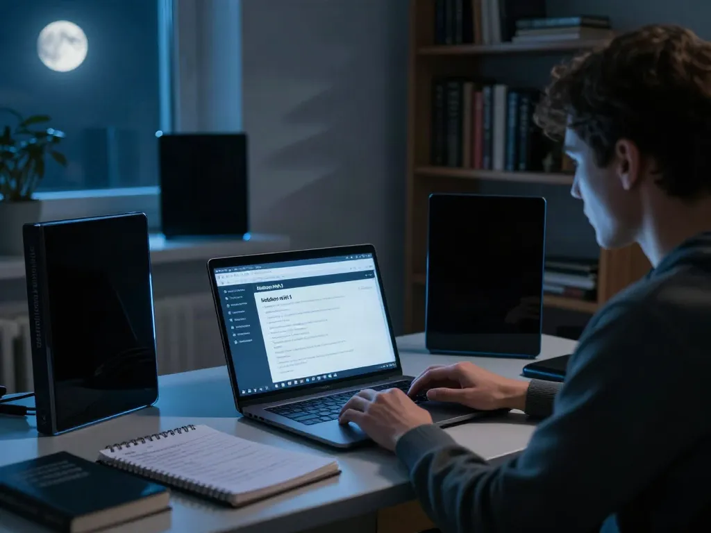 Engaging scene of a person exploring hidden wiki 1 on a laptop in a dark room, illustrating dark web curiosity.