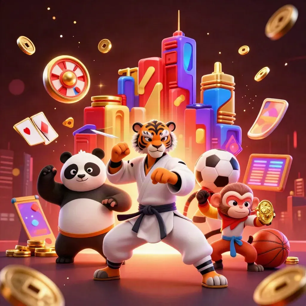 Tiger, panda, and monkey amid casino chips, coins, and neon red-purple light.