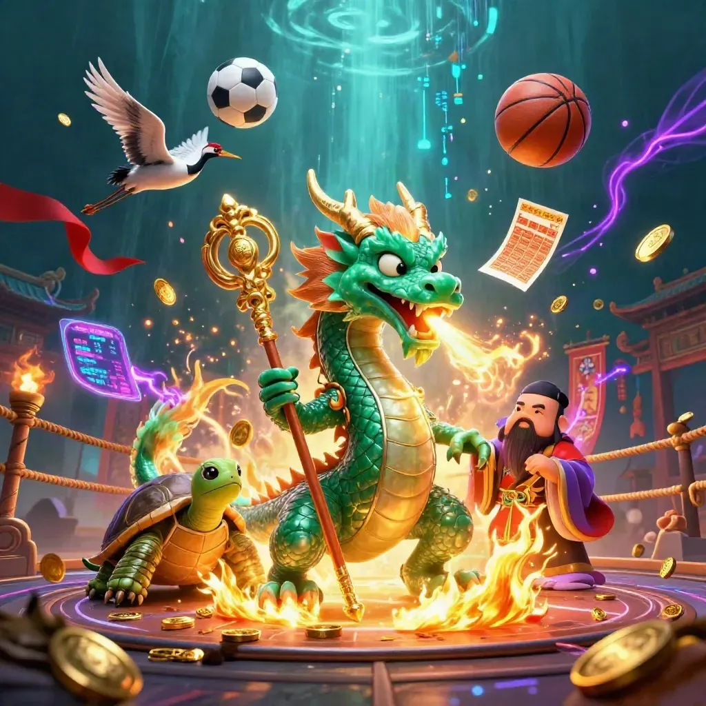 Jade dragon, turtle sage, and cranes amid casino sports icons, fire, coins, and neon glow.