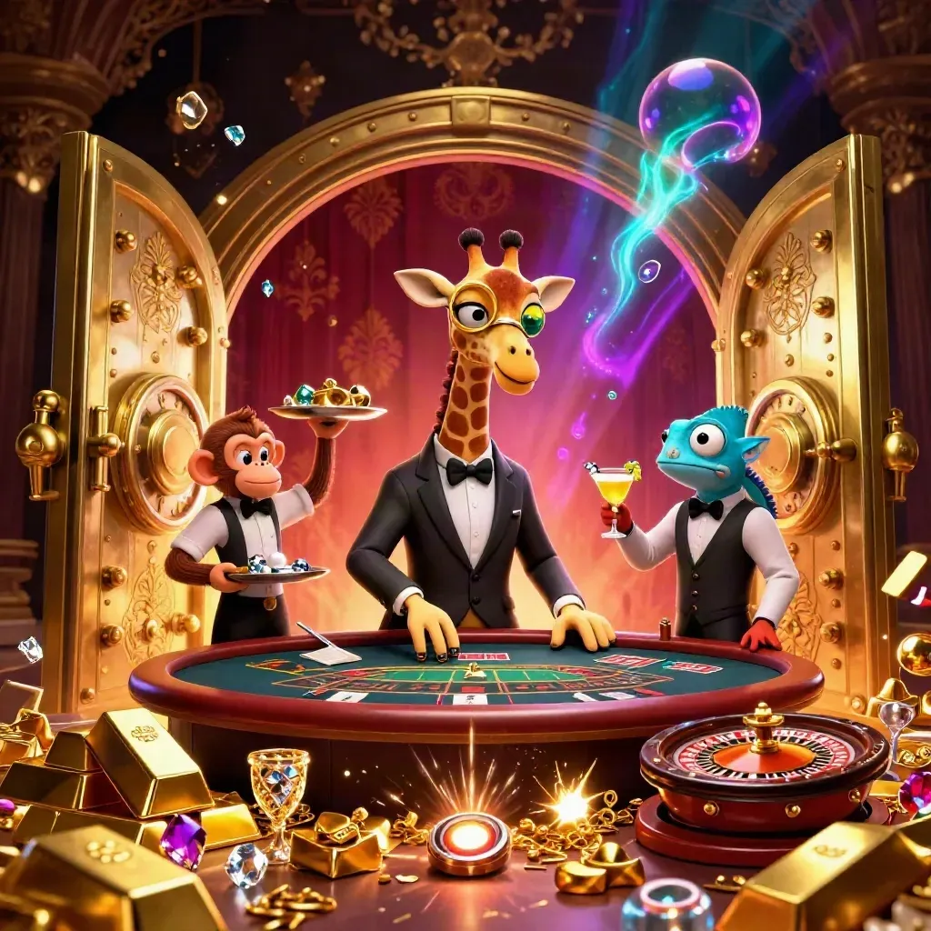 Giraffe, monkey, and chameleon in a neon casino vault with gold, gems, and glowing light.