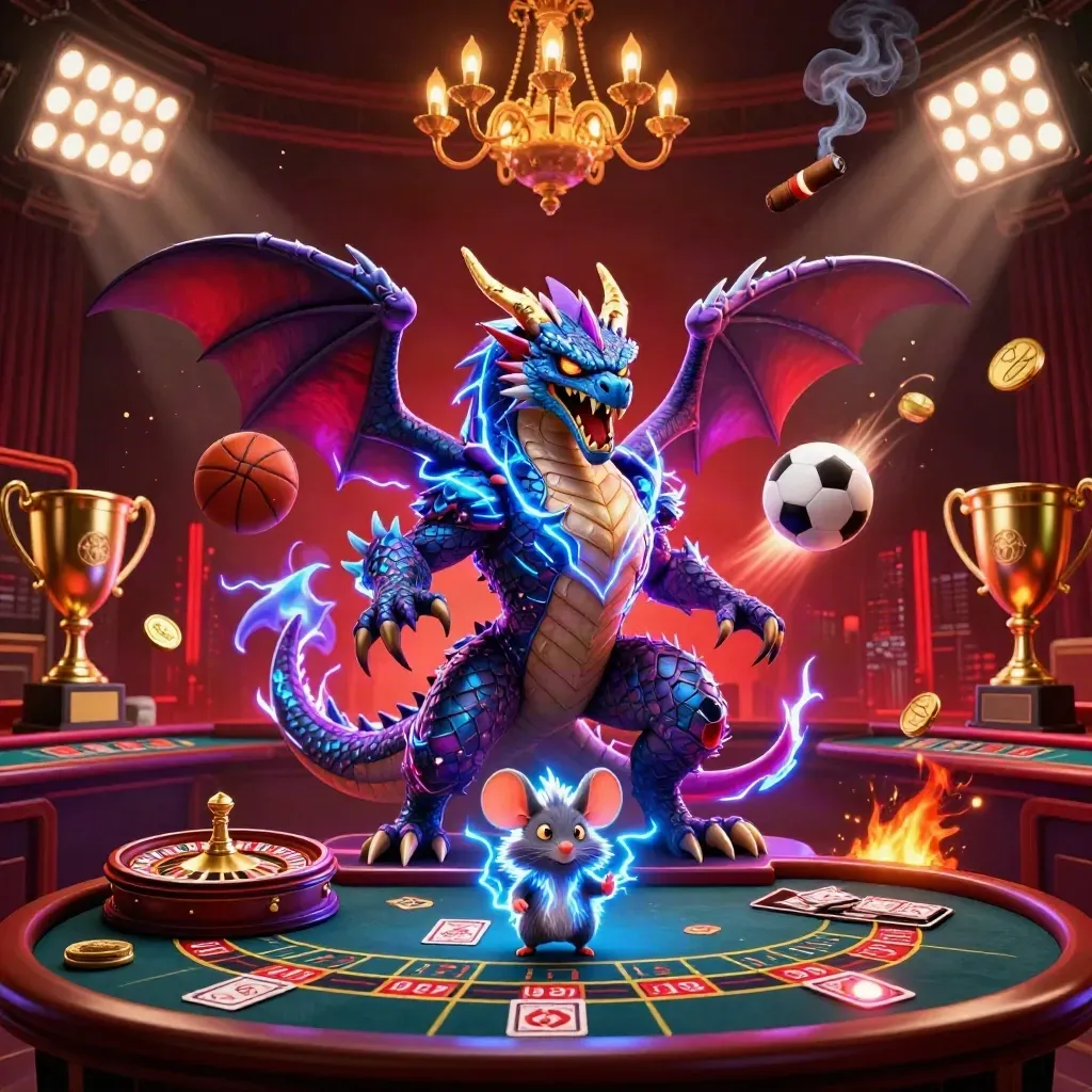 Lightning dragon, wind hawk, and thunder-mouse in a neon casino with coins, sports balls, and a spinning wheel.