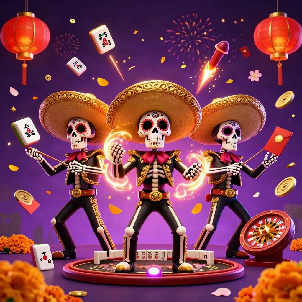 Skeleton mariachi trio amid neon casino magic, lanterns, coins, fireworks and a roulette wheel.