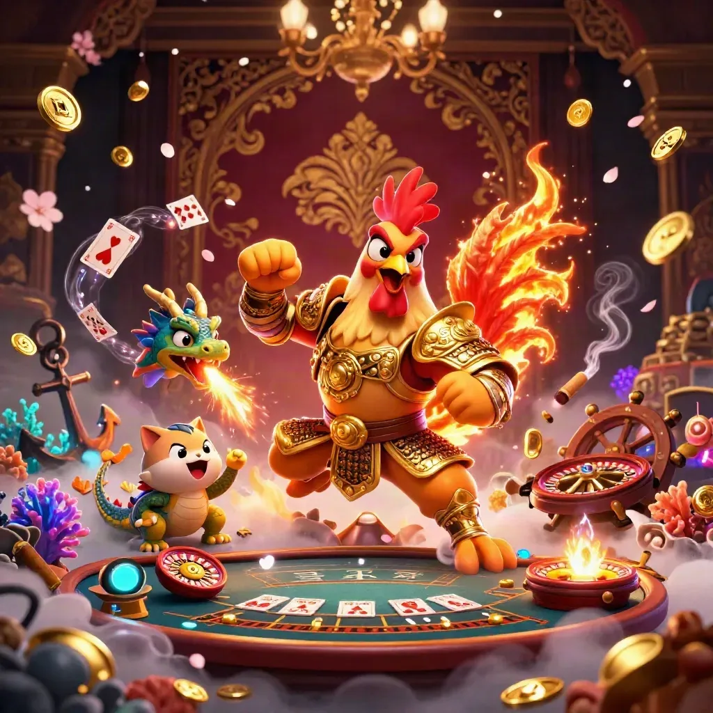 Rooster warrior, dragon hatchling, and fortune-cat amid neon casino treasure and spinning roulette