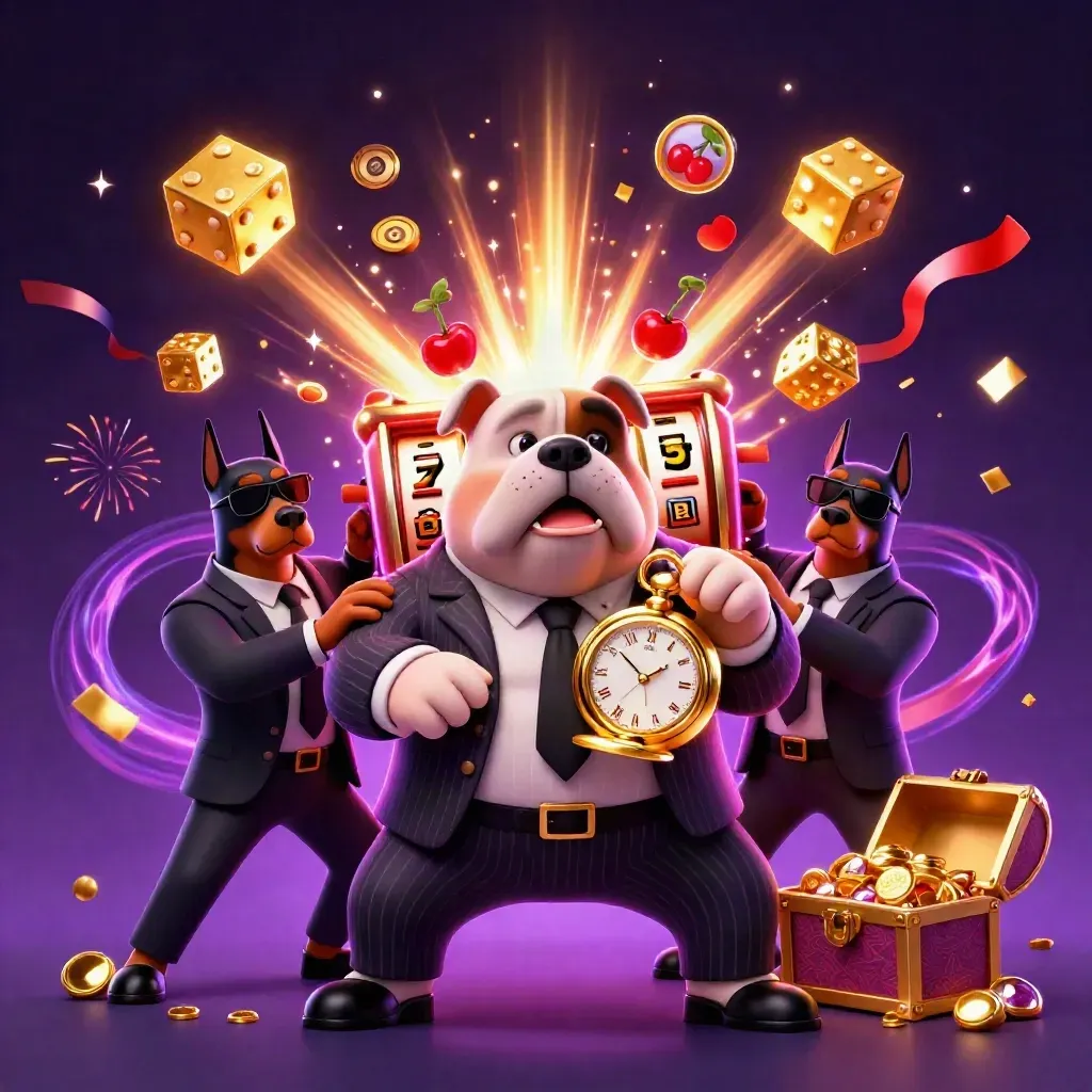 Bulldog mob boss and two Dobermans explode from a jackpot slot machine in neon purple casino chaos.