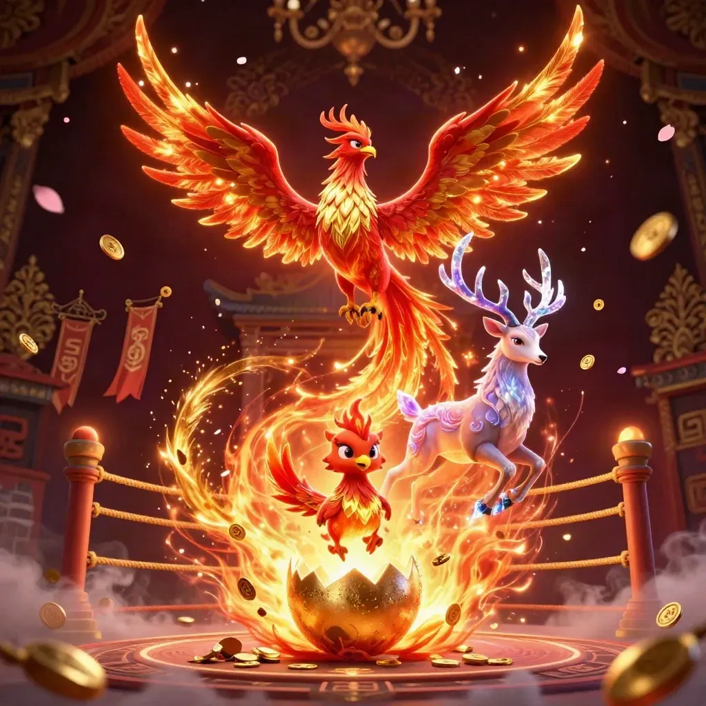 Fire phoenix, hatchling, and crystal stag burst through a luxe casino temple scene.