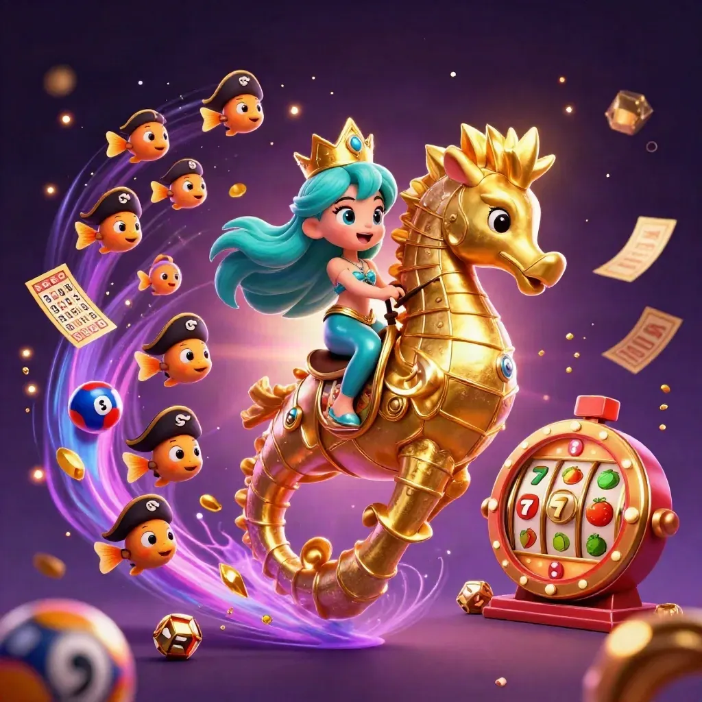 Mermaid princess on a gold seahorse amid casino loot, fish, cards, reels, and neon magic