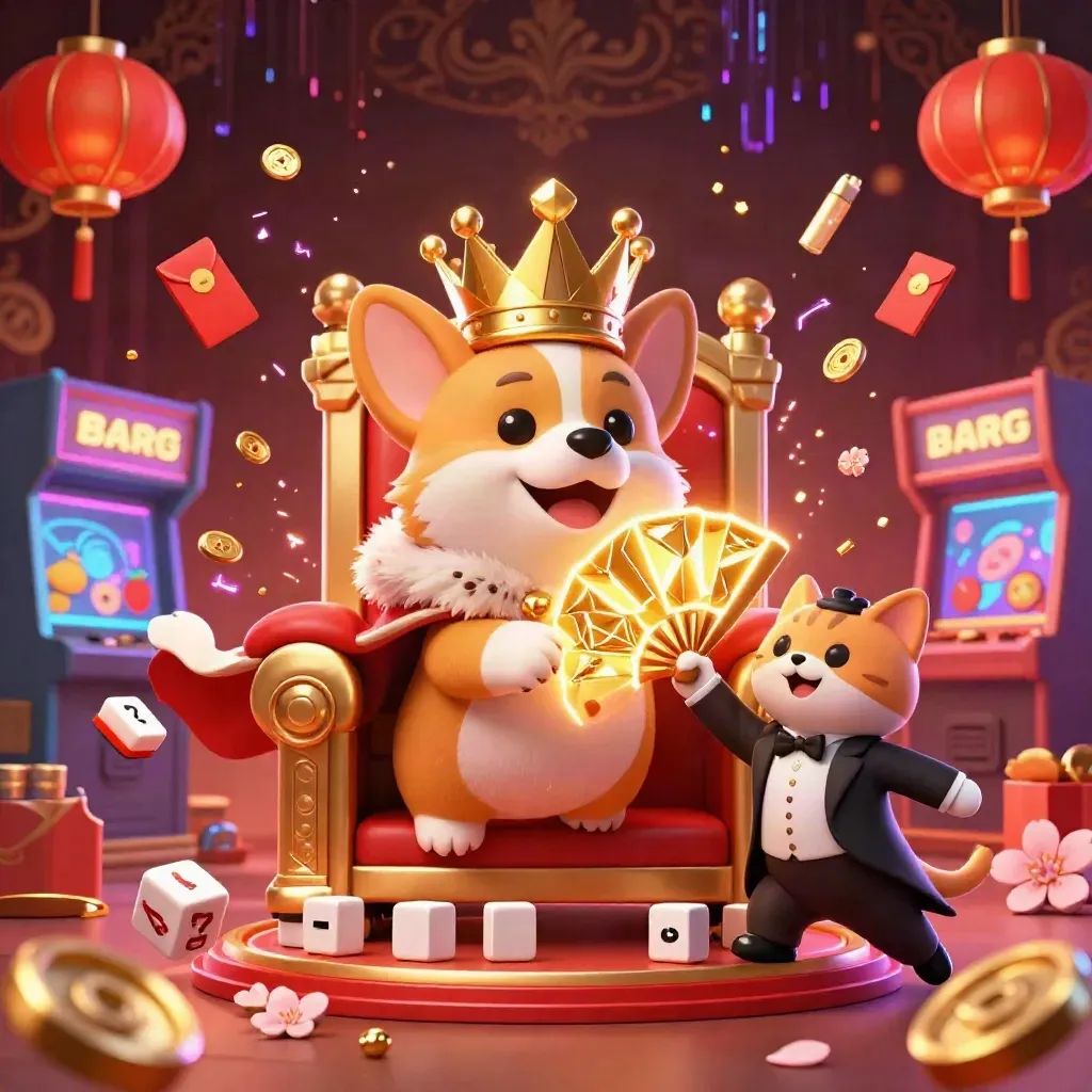 Royal corgi on poker-chip throne with cat butler, neon card burst, gold and red casino magic
