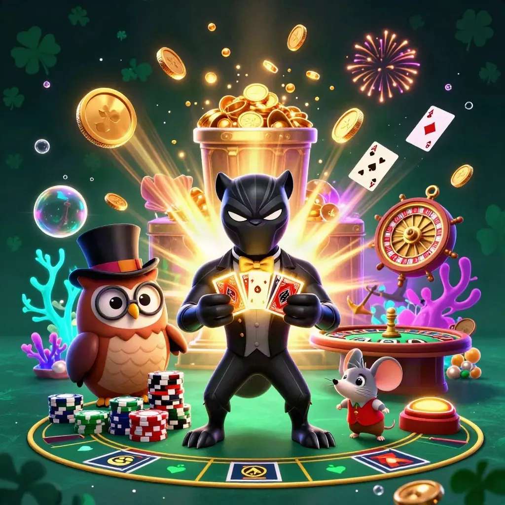 Panther, owl, and mouse in a neon treasure cove with coins, cards, and underwater glow.