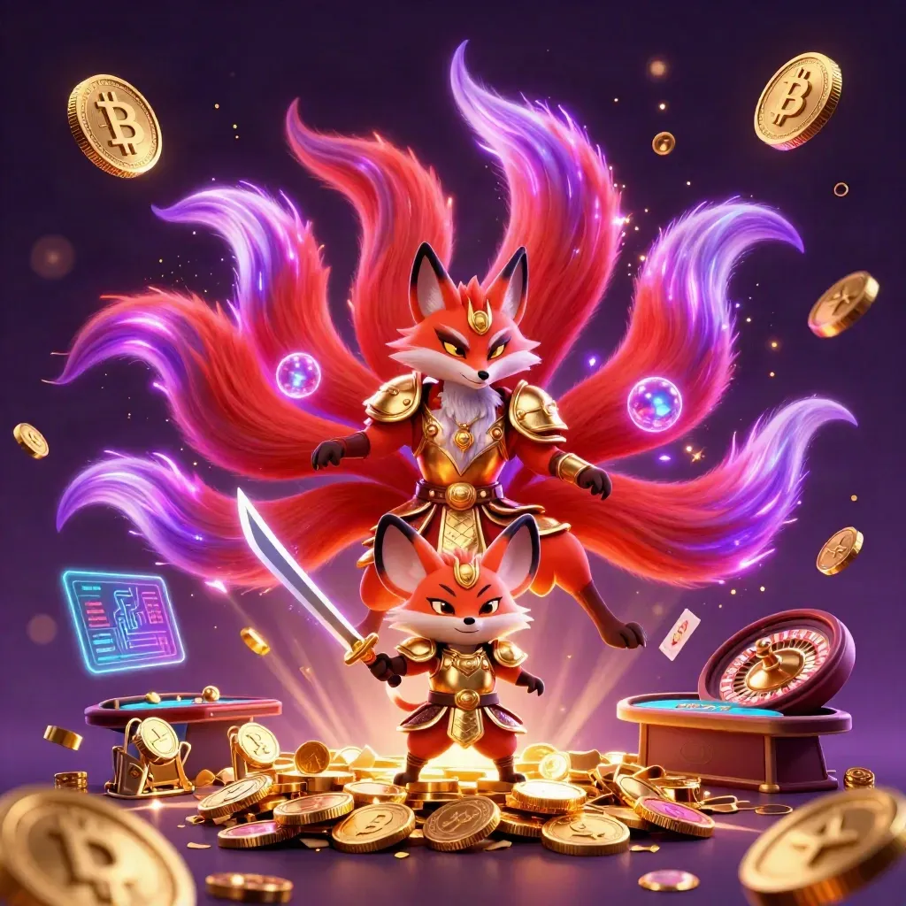 Nine-tailed fox spirit and samurai mouse amid casino coins, cards, and neon treasure burst.