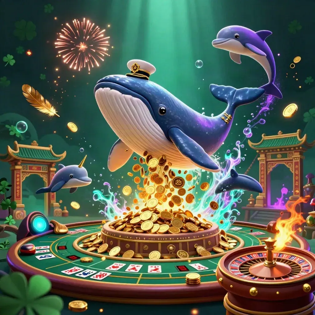 Whale, narwhal, and dolphins erupt from coins with casino symbols, lights, and fireworks.