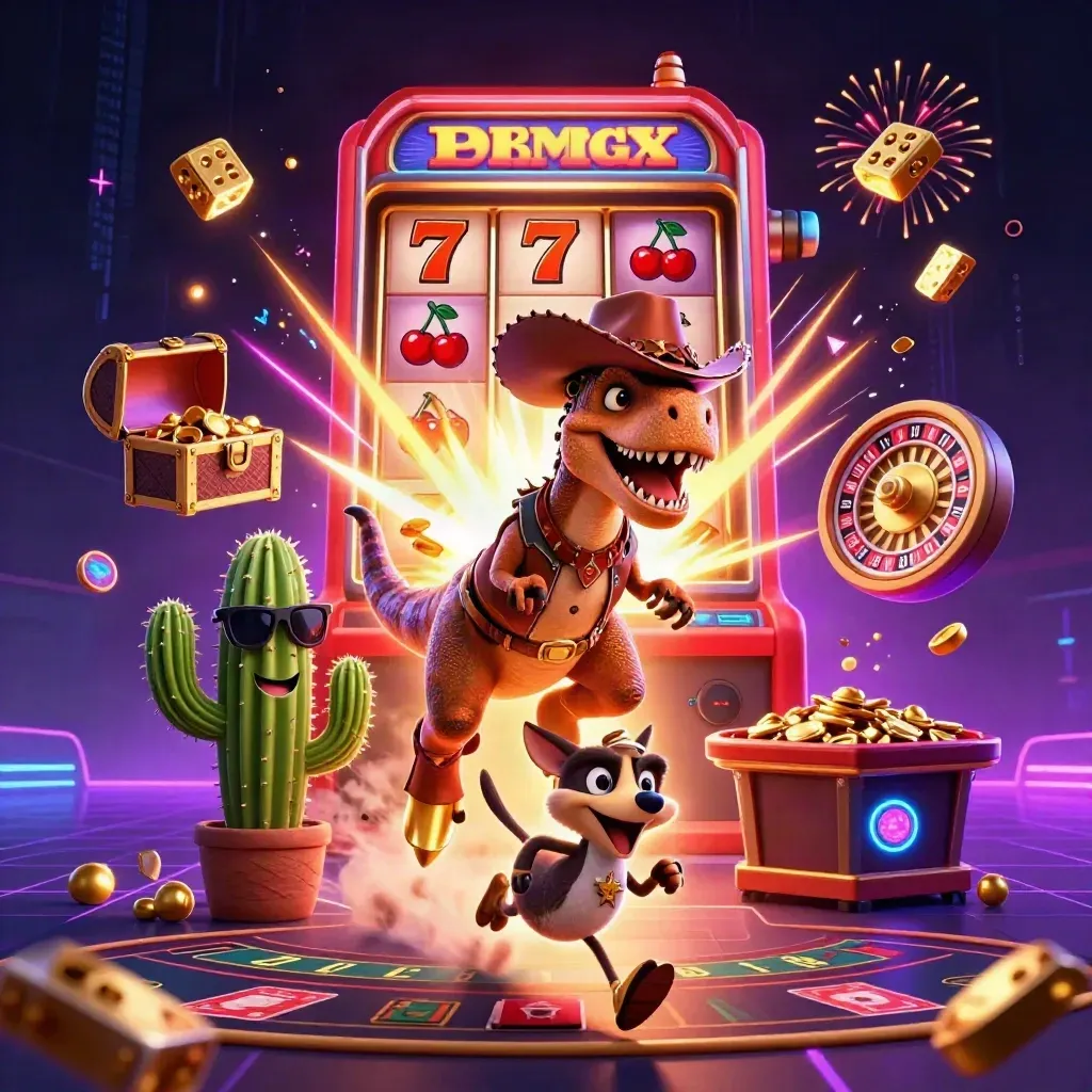 Cowboy T-Rex, cactus sidekick, and roadrunner blast through a glowing slot jackpot with coins and neon effects.