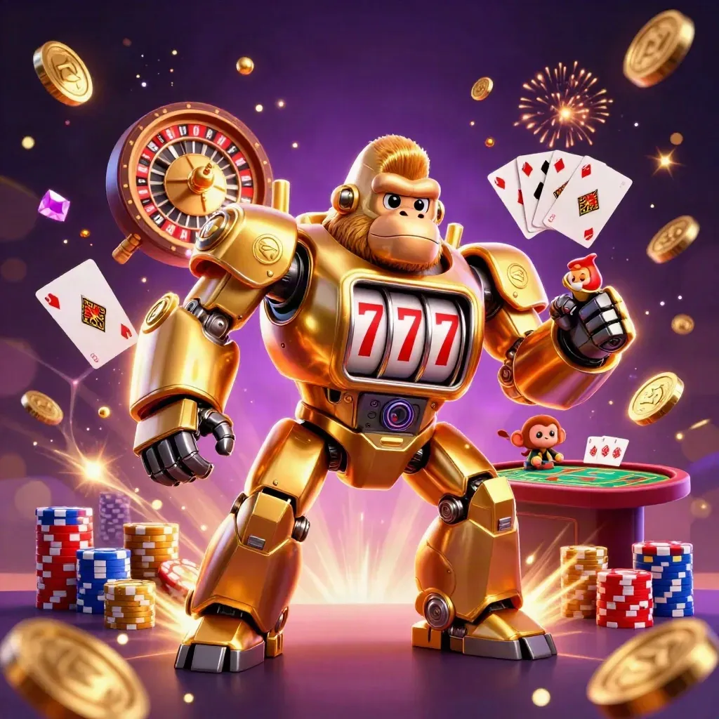 Golden gorilla mech with tiny monkey pilot amid coins, reels, roulette, chips, and neon casino energy.