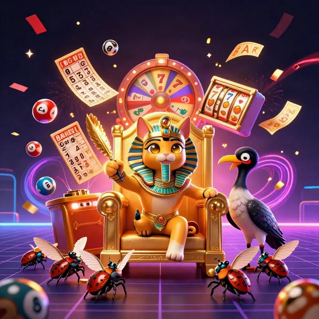 Pharaoh cat, ibis scribe, and gem-winged scarabs amid casino bursts and neon glitch effects.