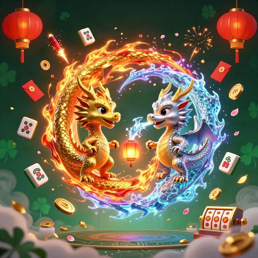 Gold and silver dragons spiral around casino symbols in a moonlit yin-yang.