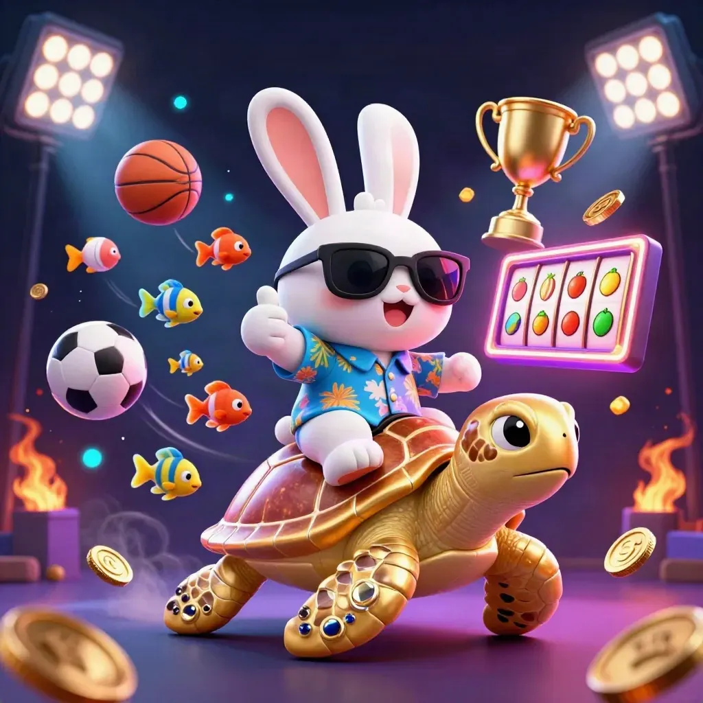 Lucky rabbit rides a jeweled sea turtle through neon casino chaos with sports balls, coins, and slot icons.