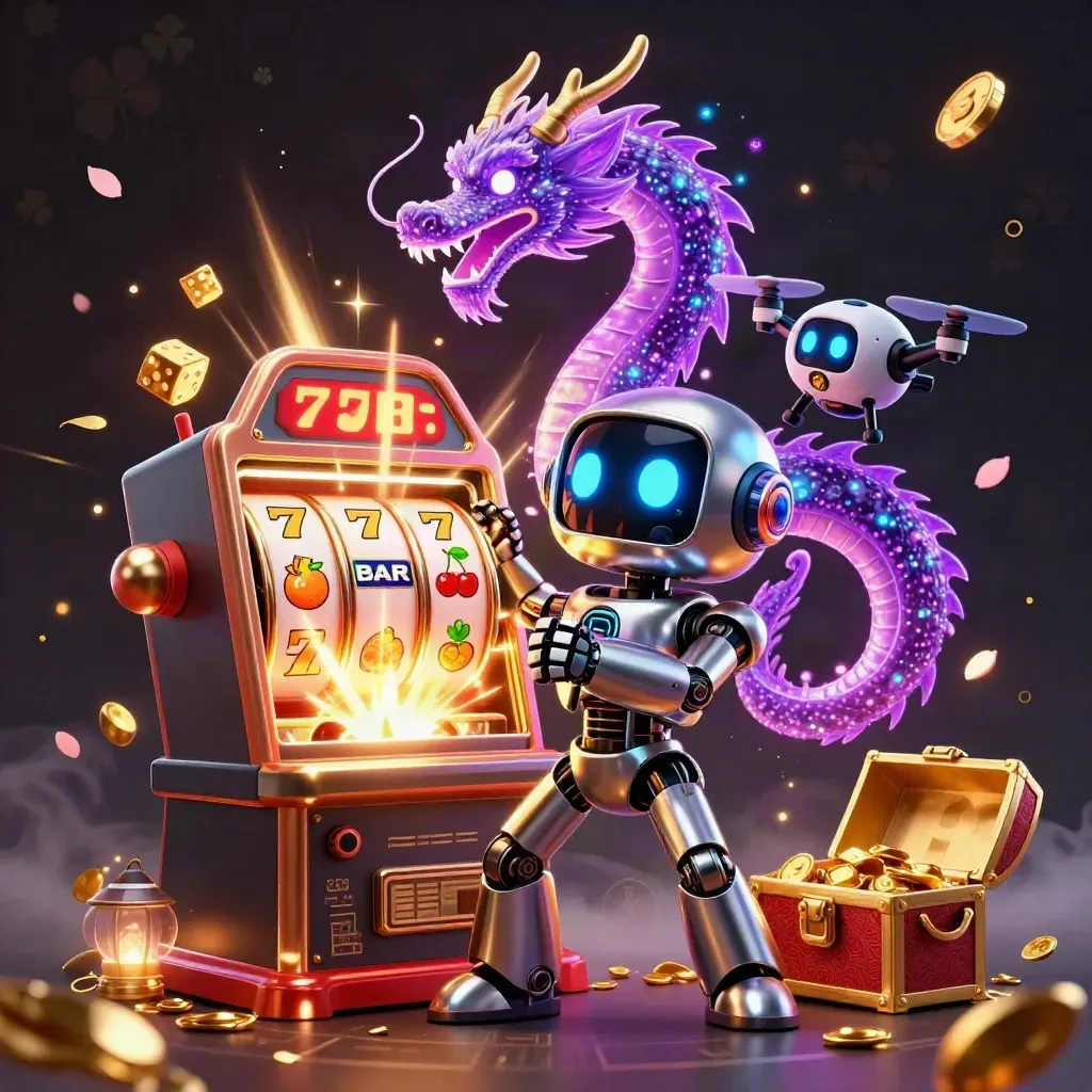 Robot mascot, holographic dragon, and coin drone explode from a glowing slot machine