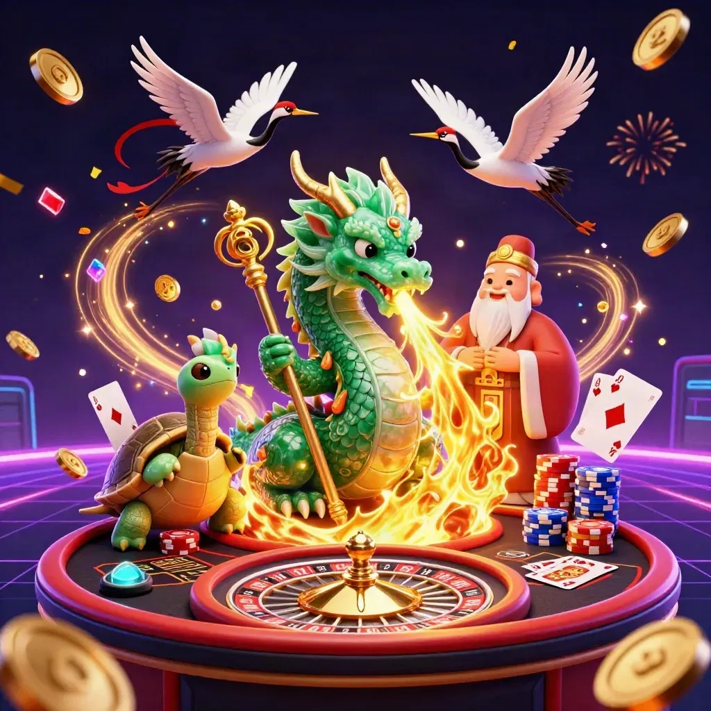 Emerald dragon, turtle sage, and cranes amid glowing casino chips, cards, coins, and a spinning roulette wheel.