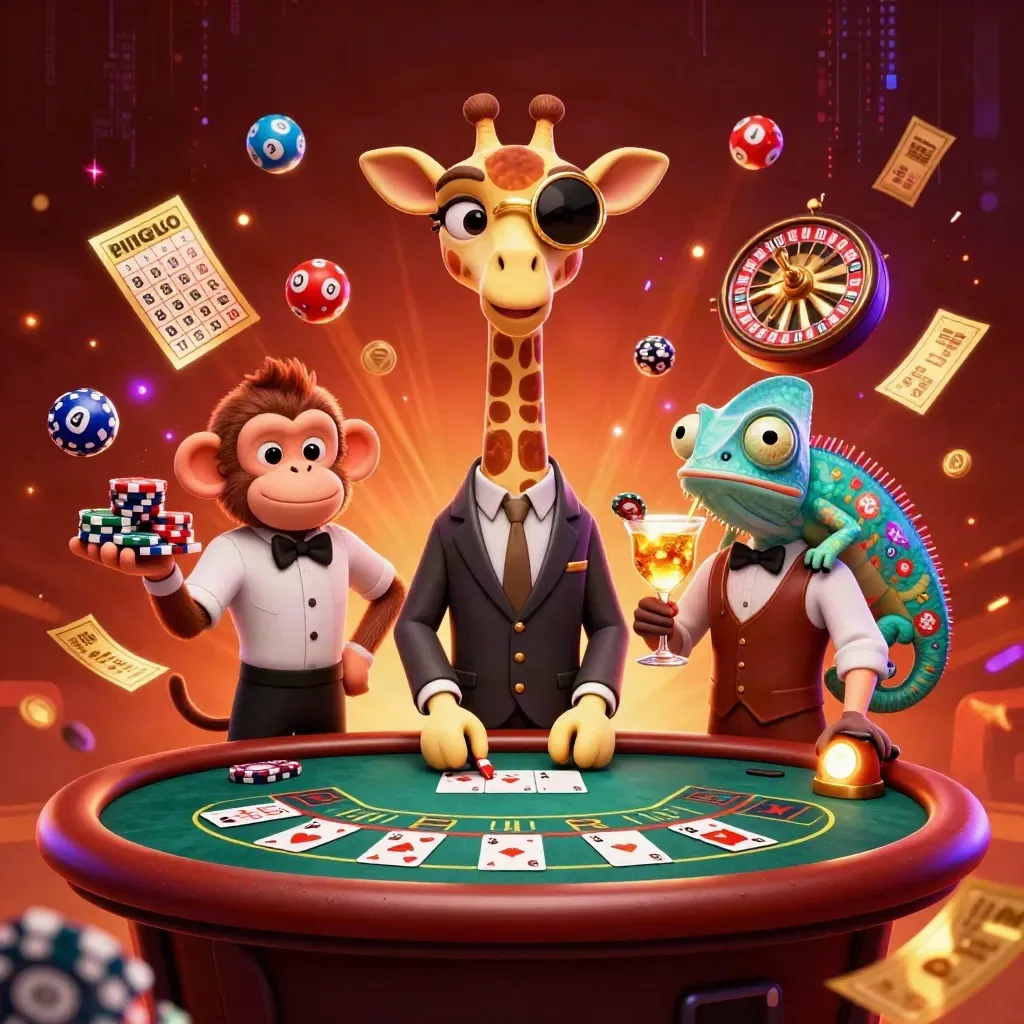Giraffe, monkey, and chameleon casino heroes amid neon chips, lottery balls, and glowing table action.