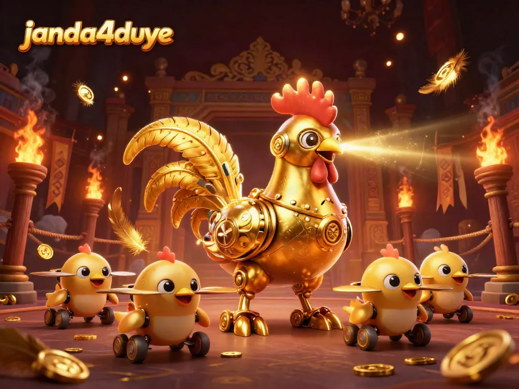Menangkan taruhan di janda4duye dengan robot ayam emas futuristik dan drone anak ayam di arena pertempuran.