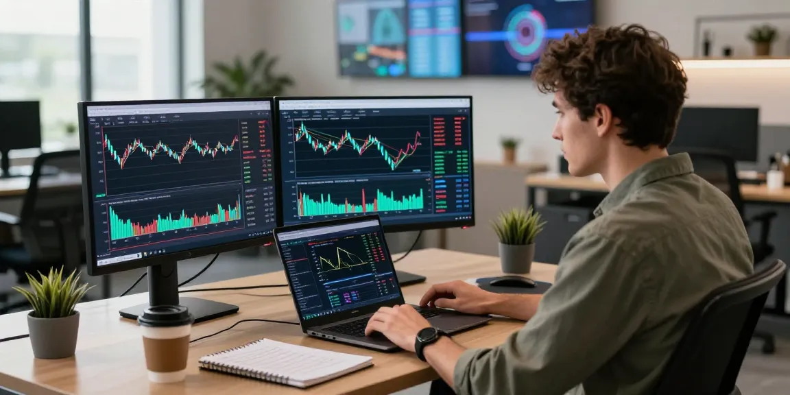 Отзывы BitMEX о трейдере, анализирующем платформу на двух мониторах с графиками.