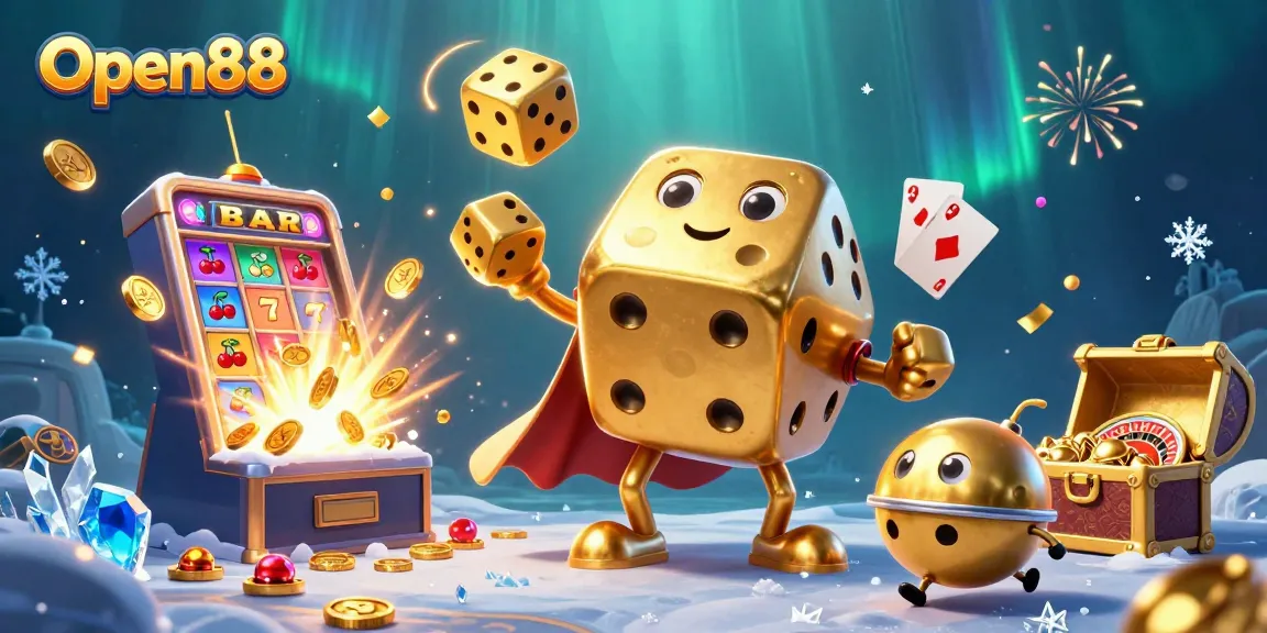 Engage with Open88's casino excitement, featuring golden dice and a vibrant slot explosion.