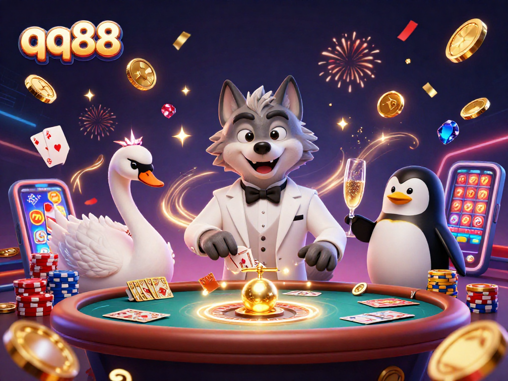 Experience the thrill of qq88 as the debonair wolf plays baccarat surrounded by sparkling casino elements.