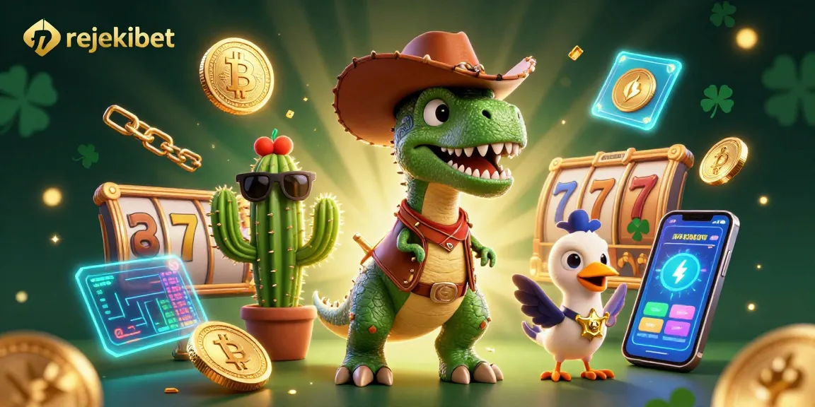 Spin to win with rejekibet in this vibrant 3D illustration featuring a cowboy T-Rex and gaming elements.