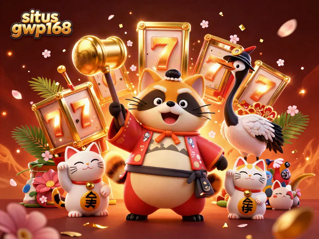 Mengguncangkan slot di situs gwp168 dengan tanuki berbahagia, crane, dan kucing maneki-neko dalam ilustrasi berwarna-warni.
