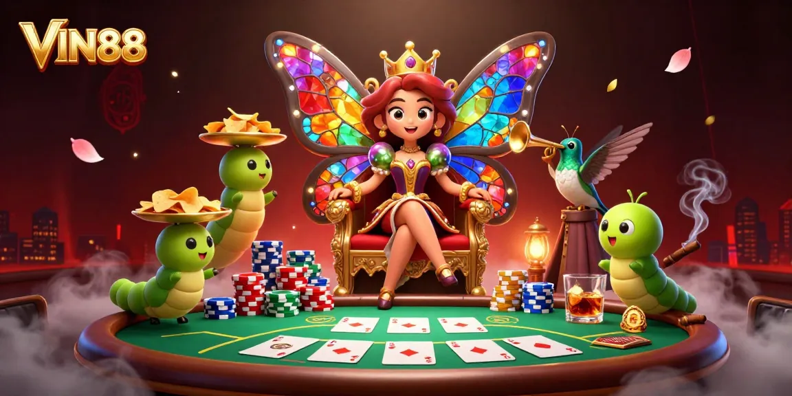 Experience the excitement of VIN88 Casino with a butterfly queen, poker chips, and vibrant game elements.