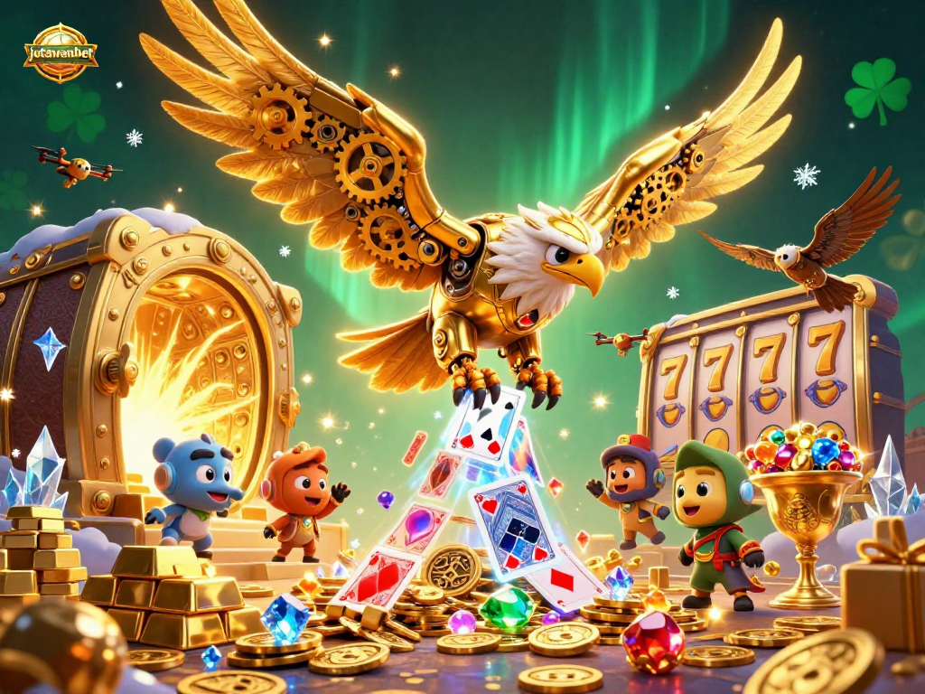 Engage with the thrilling slot experience at jutawanbet, featuring dynamic characters amid treasures and holographic cards.