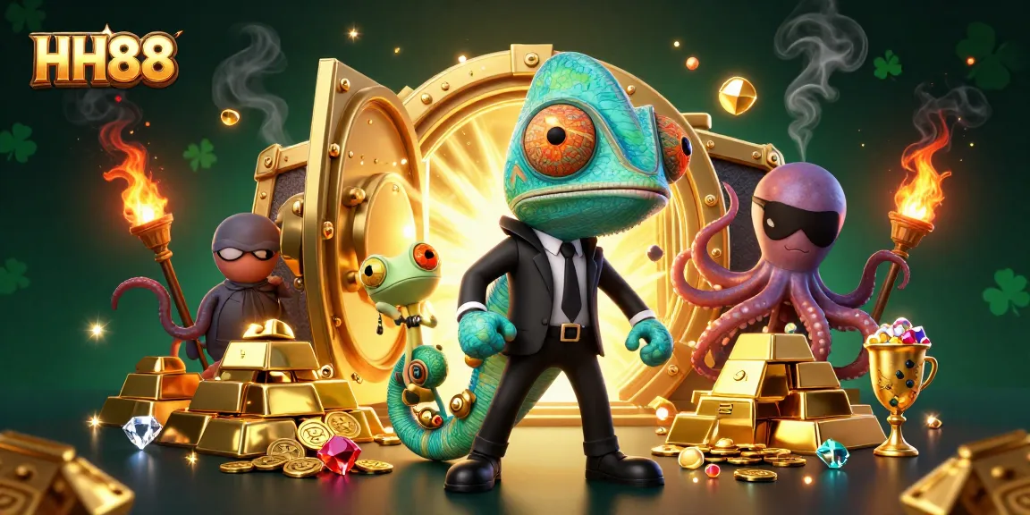Experience thrilling games at HH88, with vibrant treasure hunt scenes and animated casino characters.