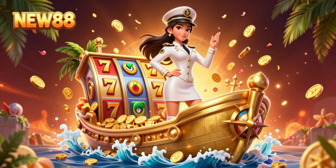 Immerse in NEW88's vibrant gaming experience with slot reels and golden coins cascading down.