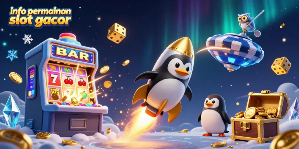 Menampilkan info permainan slot gacor dengan penguin emas roket dan mesin slot besar dalam ruang angkasa.