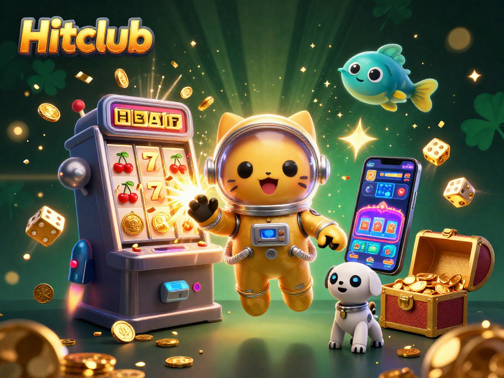 Hitclub portrays a vibrant cosmic casino scene with an astronaut cat, robot dog, and jackpot elements.
