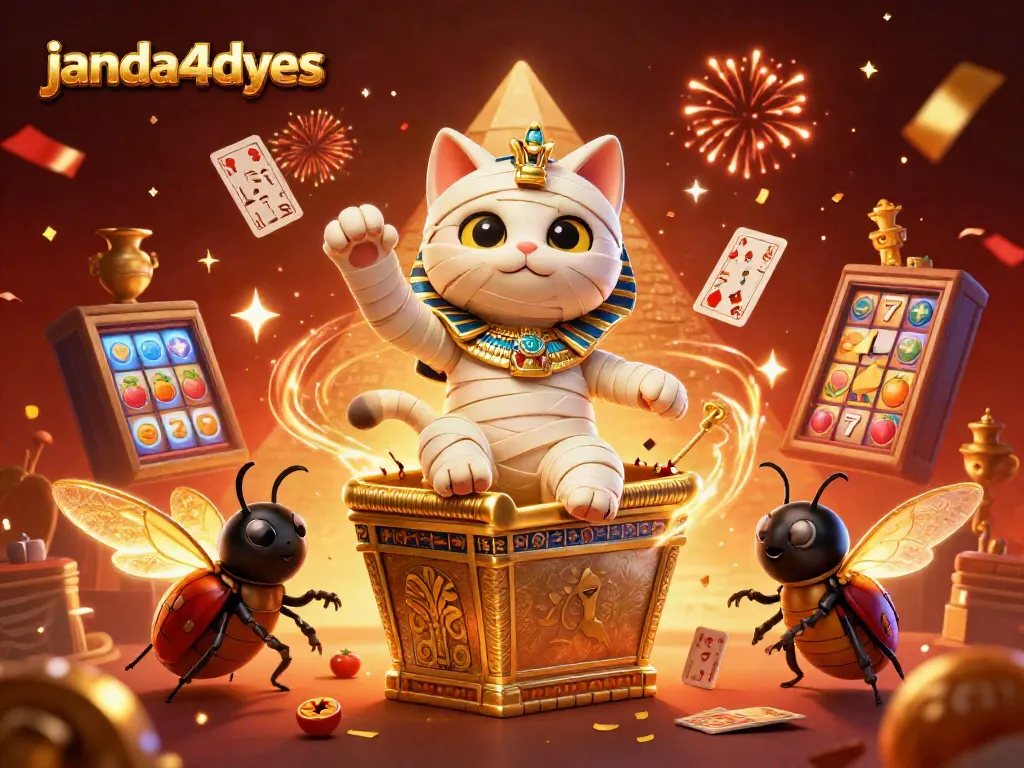 Permainan judi janda4dyes dengan kucing mummy 3D dan simbol jackpot yang memukau.