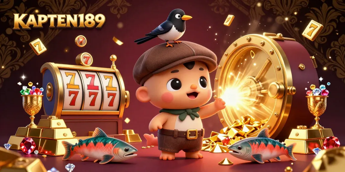 KAPTEN189 menghadirkan suasana kasino dengan harta karun dan karakter lucu dalam ilustrasi kasino yang berkilauan.