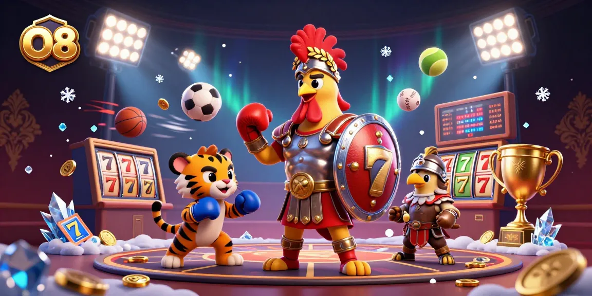 Play and win at O8 with a thrilling gladiatorial casino scene featuring dynamic games and characters!