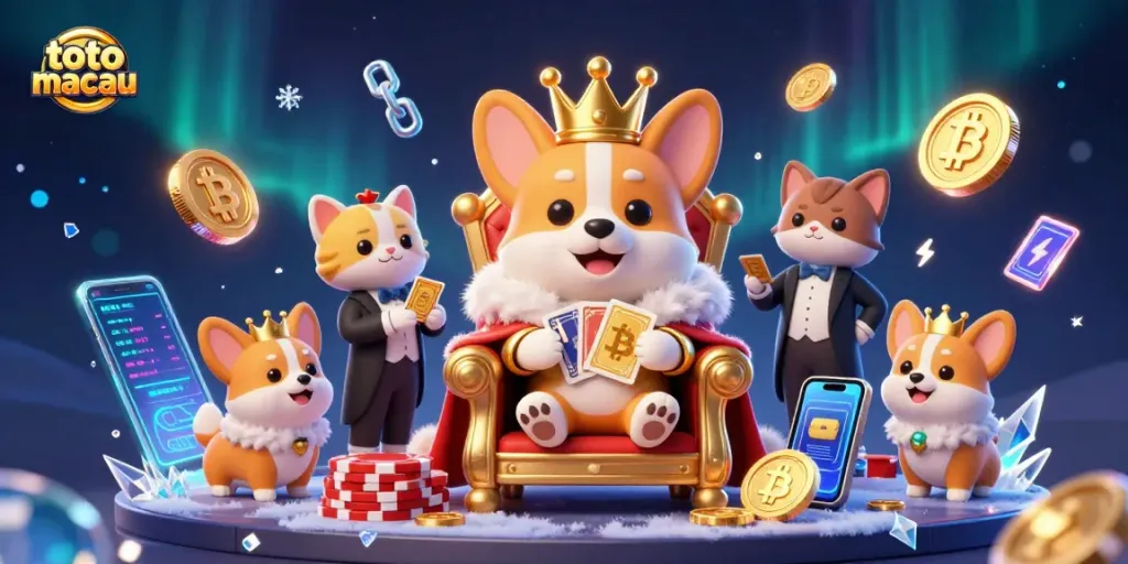 Mainkan toto macau dengan corgi raja di tahta chip poker dan kartu emas.