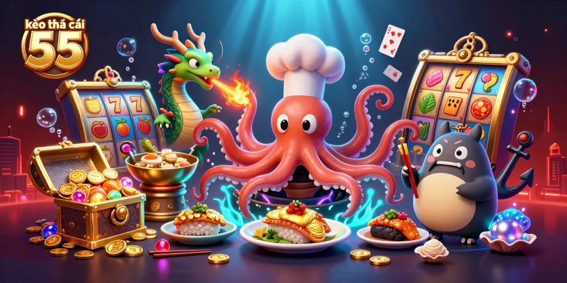 Win big at kèo nhà cái 55 with a dynamic 3D casino scene featuring a chef octopus and golden treasures.