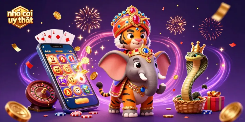Experience the excitement of nhà cái uy tín with a vibrant 3D digital illustration showcasing luxury and gaming elements.